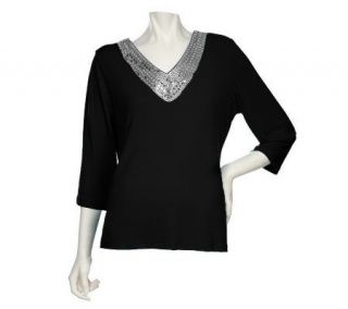 Susan Graver Liquid Knit 3/4 Sleeve Shirt with Embellishment