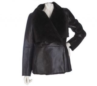 Dennis Basso Faux Distressed Leather Flyaway Coat with Faux Fur Lining 