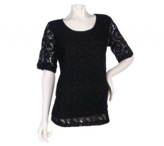 Susan Graver Liquid Knit Top with Lace Overlay & Lace Sleeves