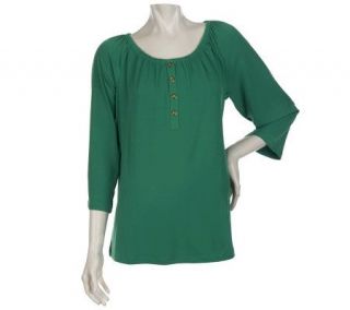 Susan Graver Liquid Knit Peasant Henley Top with Roll Tab Sleeves 