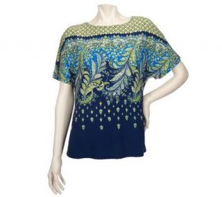 Susan Graver Liquid Knit Paisley Printed Top with Dolman Sleeves