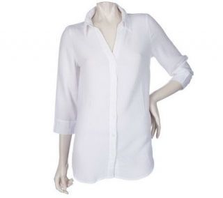 Susan Graver Gauze Button Front Y neck Shirt with Smocking —