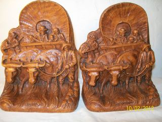   of Vintage SYROCO Wood Bookends Oxen Pulling Covered Conestoga Wagon