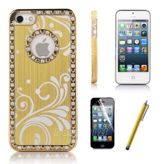  iPhone 5 6th Hard Gold Case Bling Crystal Flower Aluminum Cover Stylus