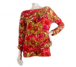 George Simonton Printed Top with Ruched Sleeves and Buckle Sash