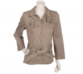 Susan Graver Stretch Twill Beaded Trench Coat with Belt —