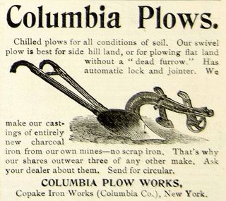 1898 Ad Columbia Plow Works Copake Iron Works Agricultural Implement