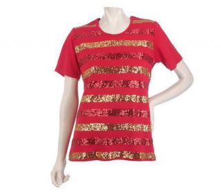 Quacker Factory Short Sleeve T shirt w/ Sequin Stripe Design