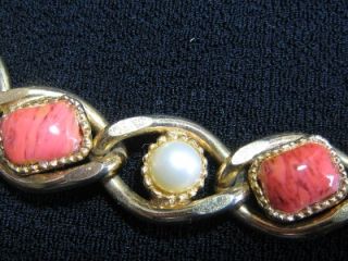 Retro Mid Century Gold Tone Faux Pearl & Pink Coral Link Bracelet