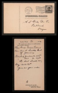 1912 Seattle, WA Crowley & Co. #UX20 Postal Card