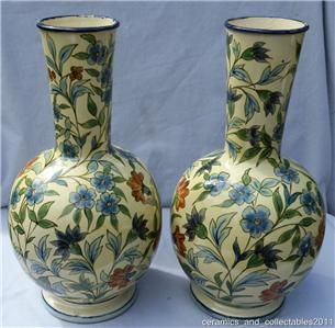 Lambeth Faience Vases. Hand painted by Minna L Crawley. Dated 1871