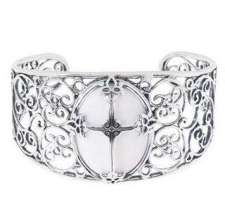 American West Gemstone Ornate Filigree Sterling Cross Cuff Bracelet 