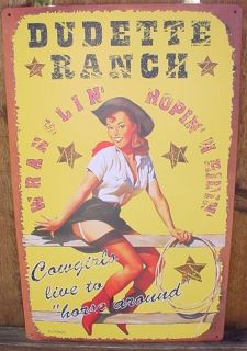 Western Cowgirl Pin Up Dudette Ranch Ad Sign Rodeo Bar Tin