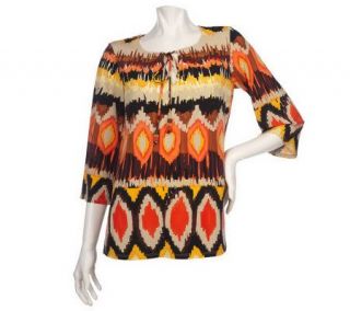 Susan Graver Liquid Knit Aztec Print Split Neck Tunic   A199599