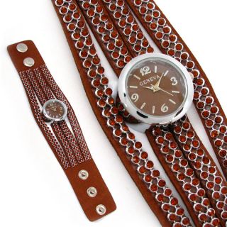 Brown Crystal Multi Band Leather Geneva Wide Strap Studs Womens Watch