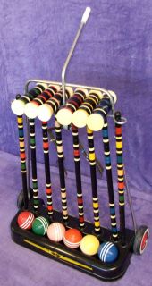 VINTAGE CROQUET SET 6 PLAY WITH STAND THAT HAS WHEELS 1940S