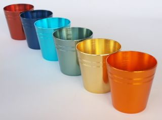 Vintage Retro 50s Harlequin Anodised Cups Peacock Set x 6 Red Case