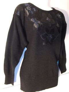 Cristina Size s Black Fuzzy Sweater w Satin Floral Appliques Sequins