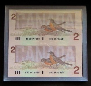 Lot of 2 Un Cut Canadian 1986 $2 Uncirculated Crisp Bank Notes in