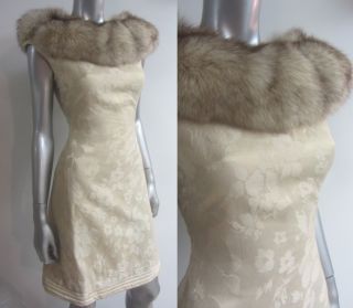 Crystal Fox Fur Vintage 1960s Champagne Embossed Pencil Dress Sz XS