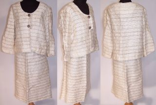Vintage Jackie O Mad Men Style Cream Boucle Knit Wool Striped Suit