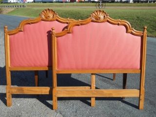 Pair of French Style Twin Beds Headboards Carved Shells fabric