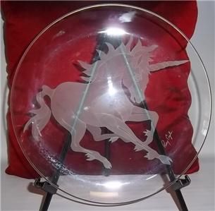 Master Glass Artist Perry Coyle Deep Etched Unicorn Decorative Art