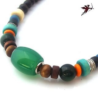 Surf Ethnic Hemp Necklace Green Jade Wood Beads Tribal
