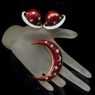  Vintage Brooch Pin Earrings Crescent Moon Red Enamel Rhinestones