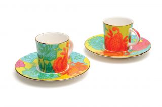 Pair Tapestry Colorful Espresso Cups Saucer French Bull