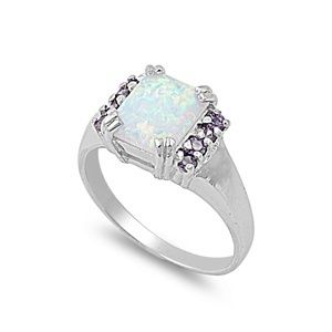 Silver Princess Cut with White Opal Amethyst CZ Ring Avail in Size 6 7