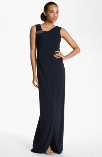 Adrianna Papell Crystal Brooch Ruched Jersey Gown