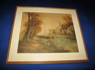 Original Etching by Lucien Dasselborne COA Village on The Banks Canal