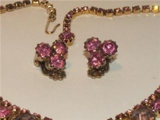 Vintage pink and lavender rhinestone necklace and earrings, dog tooth