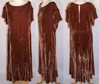 Vintage 1930s Golden Brown Silk Velvet Bias Cut Short Dress Key Hole