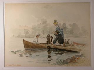  Victorian Lake Boat Party Scene Pier Watercolor Painting Signed Curran
