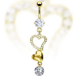 Fancy Clear Gem Double Heart Dangle Navel Belly Ring Gold Plated