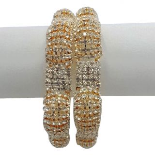 Gold Tone White CZ Kundan Bangle Set Indian Bridal Wear Bracelet