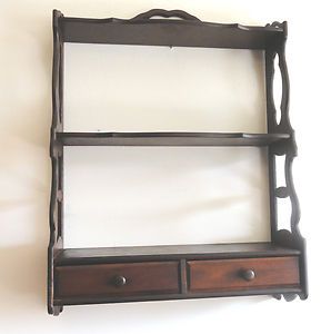  Wood Wall Shelf with Two Drawers Decorative Sides Three Shelves