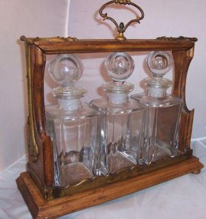 Antique Liquor Caddy Tantalus 3 Heavy Glass Decanters