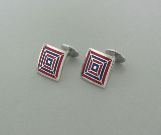 Estate David Donahue Sterling Silver Blue and Red Enamel Cufflinks