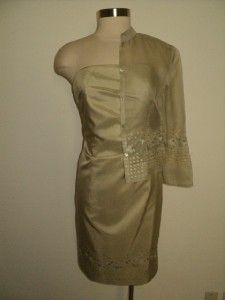 Kay Unger Occation Pale Green Silk Sheer Jacket Ruched Strapless Dress