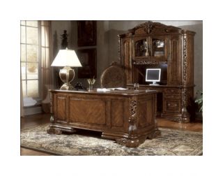  Ornate Executive Computer Desk with Credenza Hutch and File Cabinet