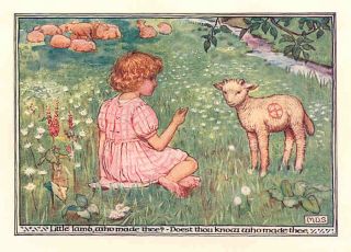 Children Young Girl with Lamb Old Vintage Print 1906