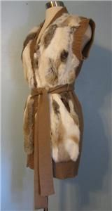Dolce Cabo Camel Brown Multi Real Rabbit Fur Cable Knit Long Belted