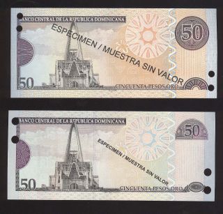 Dominican Republic RARE Set 2 Notes Specimen UNC 50 Pesos Oro L K