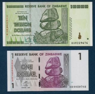 10 Trillion Zimbabwe Dollars 1 Dollar Bank Notes UNC