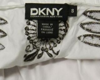 DKNY Donna Karan Size 8 M White BROWN Embroidery FISH Cotton