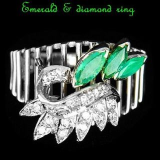 Unique estate emerald & diamond lattice ring rings M F