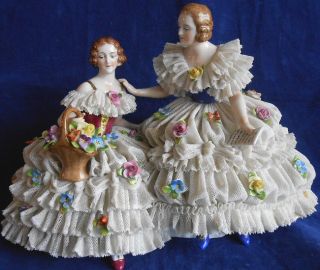 Dresden Elaborate Fine Vintage Porcelain Lace Figurine 2 Ladies